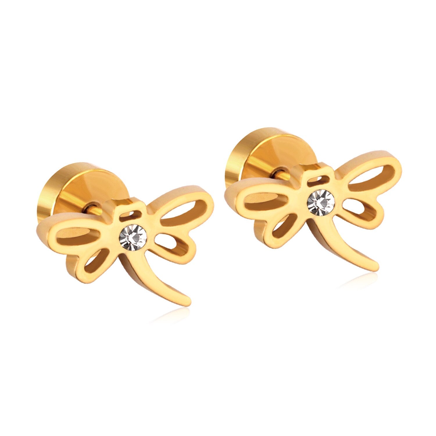 ASON Stainless Steel Dragonfly Cubic Zirconia Screw Stud Earring Classic Style Gold Color Christmas Earring Female Party asonjewelry